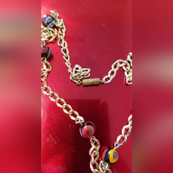 Rare Vintage Murno Glass "Millefiori" Gold Chain With Multicolor Glass Beads.30" - Picture 4 of 4